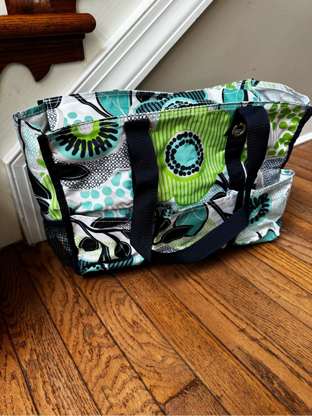 Thirty-One Zip Top Organizing Utility Tote - Green and Navy  Floral